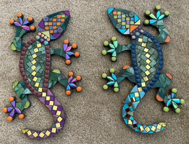 Lizards in Love.  4”x12” each.  Stained glass, tile, beads.  Commissioned – SOLD